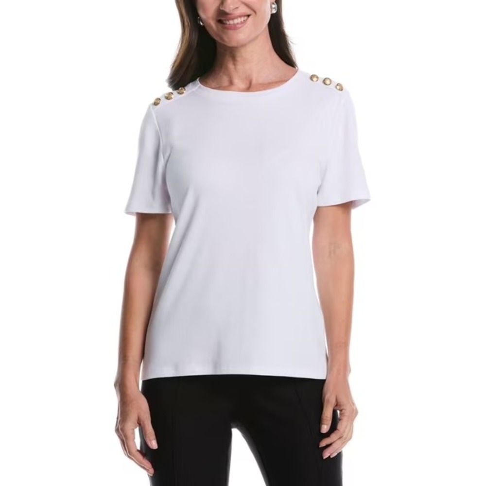 Rafaella Womens Crewneck T-Shirt White Gold Shoulder Buttons Size L
